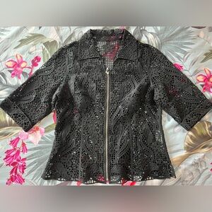 Black Floral Laser-Cut Zip Front Jacket